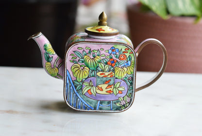 Vintage Trade + Aid Miniature Enamel Teapot - Matisse Goldfish Design No. 18 - Hand Painted Collectible Copper & Brass Teapot