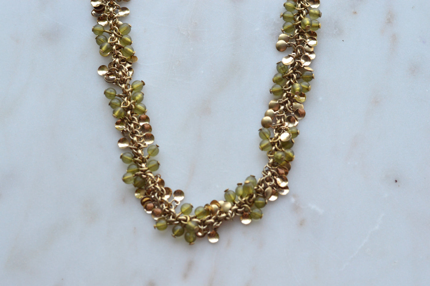 Vintage Signed Worthington Gold-Tone Beaded Cluster Necklace – Olive Green & Metallic Disc Fringe, 90s Statement Jewelry
