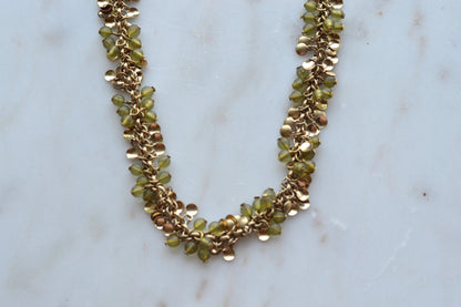 Vintage Signed Worthington Gold-Tone Beaded Cluster Necklace – Olive Green & Metallic Disc Fringe, 90s Statement Jewelry