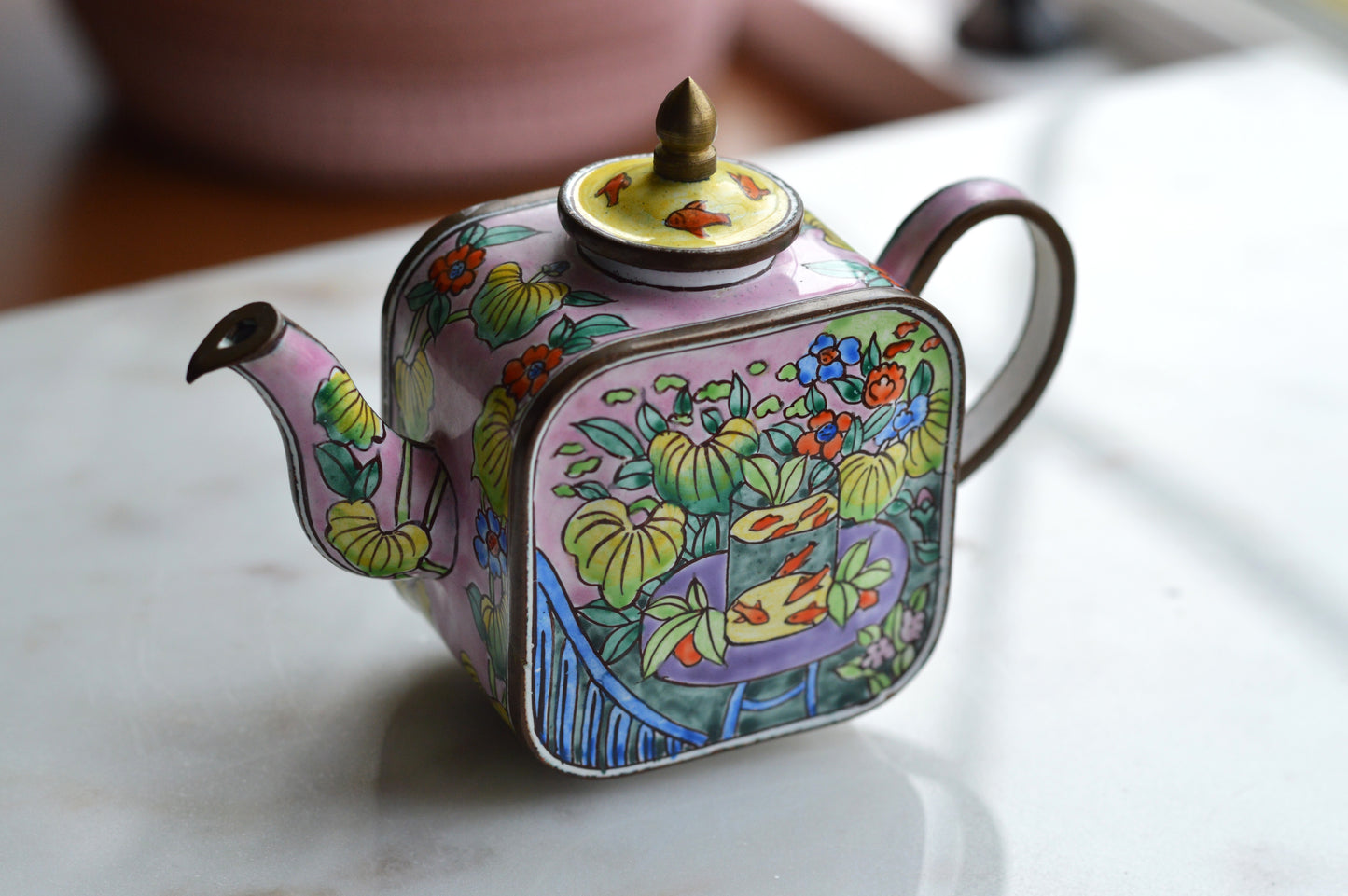 Vintage Trade + Aid Miniature Enamel Teapot - Matisse Goldfish Design No. 18 - Hand Painted Collectible Copper & Brass Teapot
