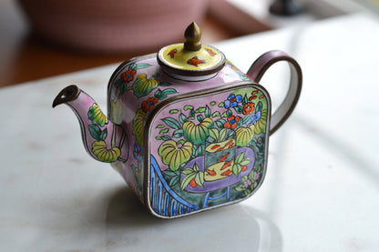 Vintage Trade + Aid Miniature Enamel Teapot - Matisse Goldfish Design No. 18 - Hand Painted Collectible Copper & Brass Teapot