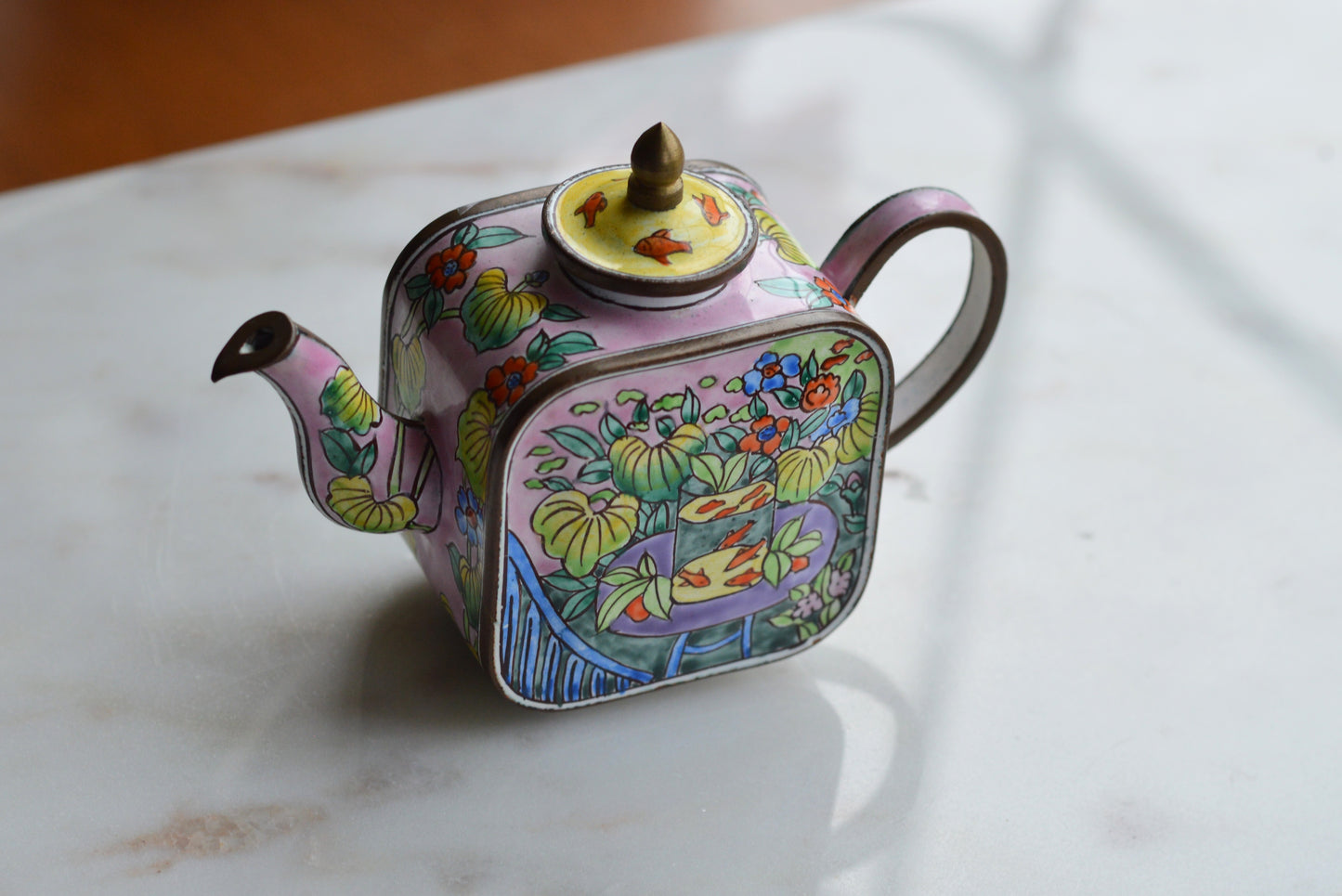 Vintage Trade + Aid Miniature Enamel Teapot - Matisse Goldfish Design No. 18 - Hand Painted Collectible Copper & Brass Teapot