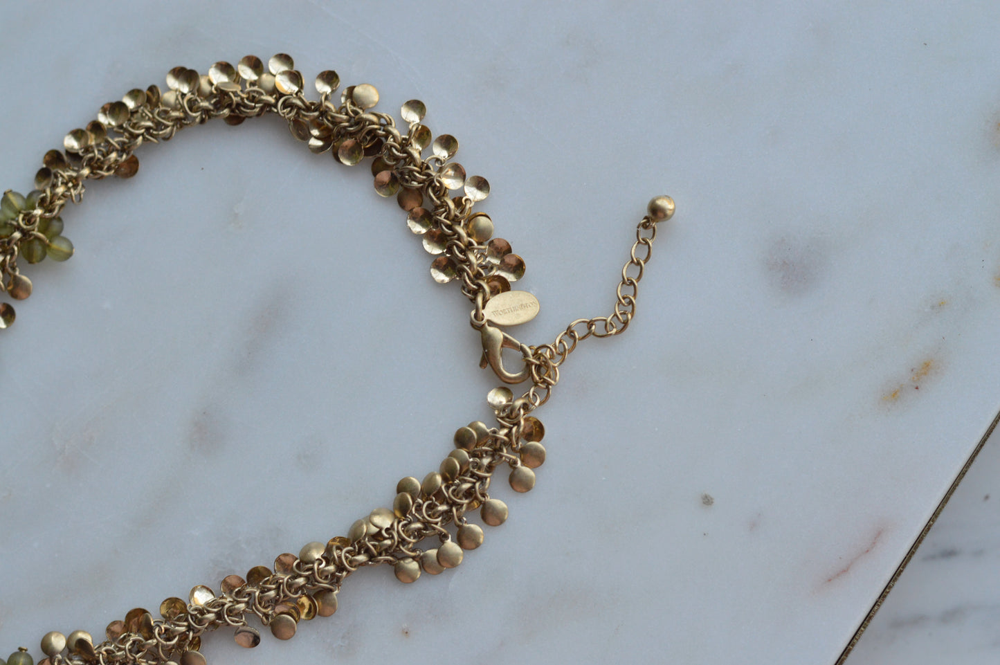 Vintage Signed Worthington Gold-Tone Beaded Cluster Necklace – Olive Green & Metallic Disc Fringe, 90s Statement Jewelry