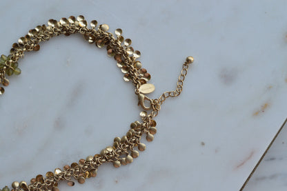 Vintage Signed Worthington Gold-Tone Beaded Cluster Necklace – Olive Green & Metallic Disc Fringe, 90s Statement Jewelry