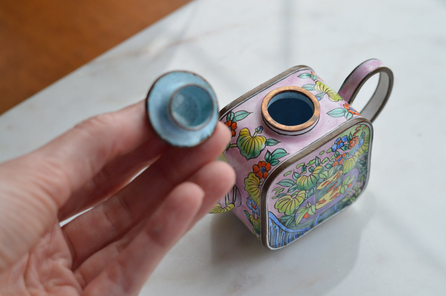 Vintage Trade + Aid Miniature Enamel Teapot - Matisse Goldfish Design No. 18 - Hand Painted Collectible Copper & Brass Teapot