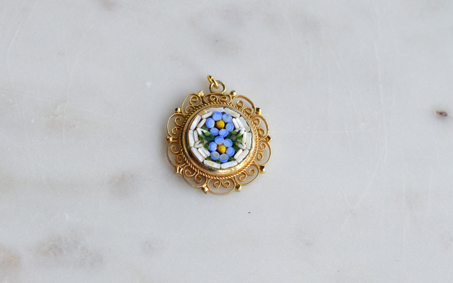 Vintage Signed Italy Micro Mosaic Pendant – Blue Forget-Me-Not Floral, Gold-Tone Filigree, Mid-Century Handcrafted Jewelry