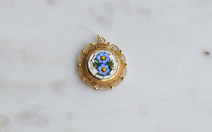 Vintage Signed Italy Micro Mosaic Pendant – Blue Forget-Me-Not Floral, Gold-Tone Filigree, Mid-Century Handcrafted Jewelry