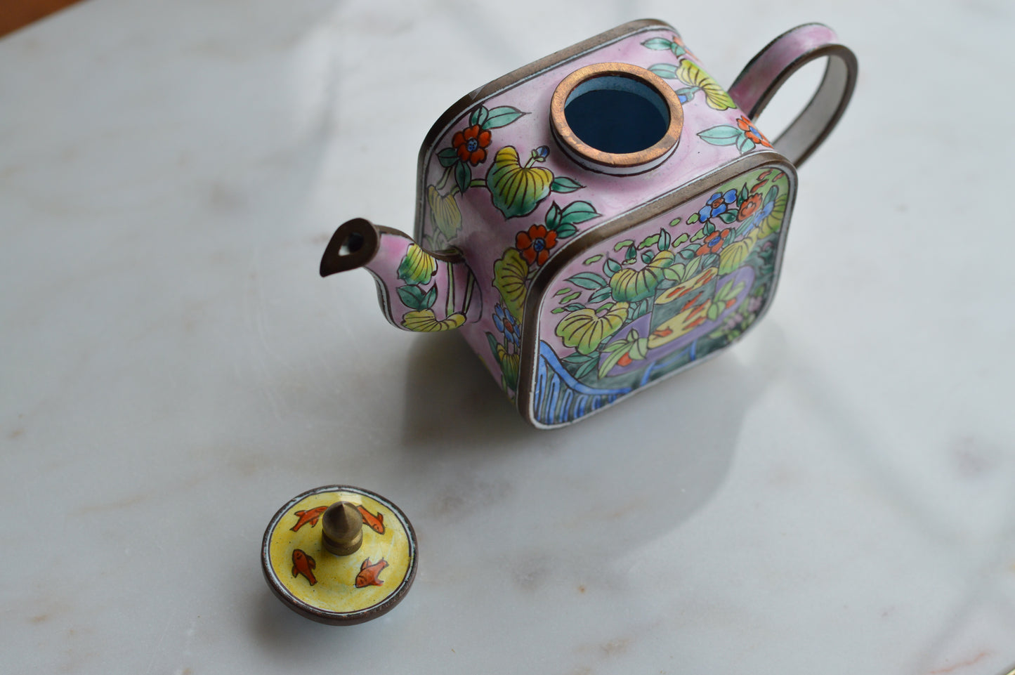 Vintage Trade + Aid Miniature Enamel Teapot - Matisse Goldfish Design No. 18 - Hand Painted Collectible Copper & Brass Teapot