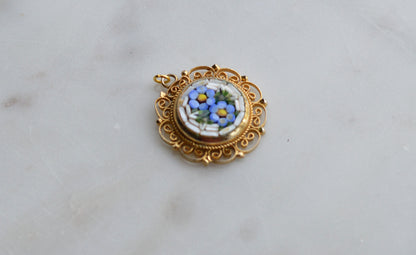 Vintage Signed Italy Micro Mosaic Pendant – Blue Forget-Me-Not Floral, Gold-Tone Filigree, Mid-Century Handcrafted Jewelry