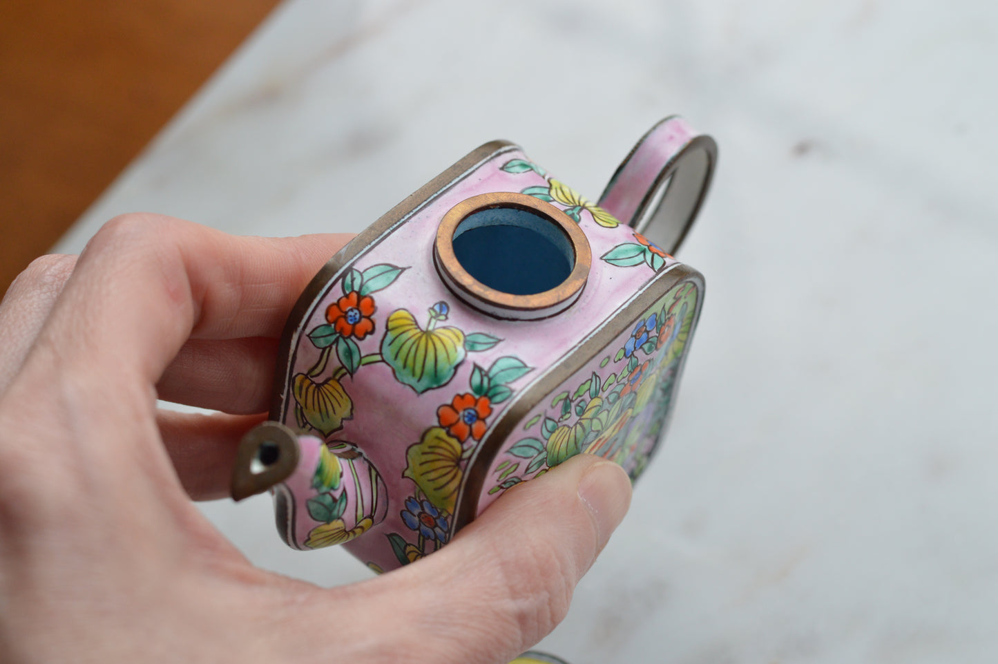 Vintage Trade + Aid Miniature Enamel Teapot - Matisse Goldfish Design No. 18 - Hand Painted Collectible Copper & Brass Teapot