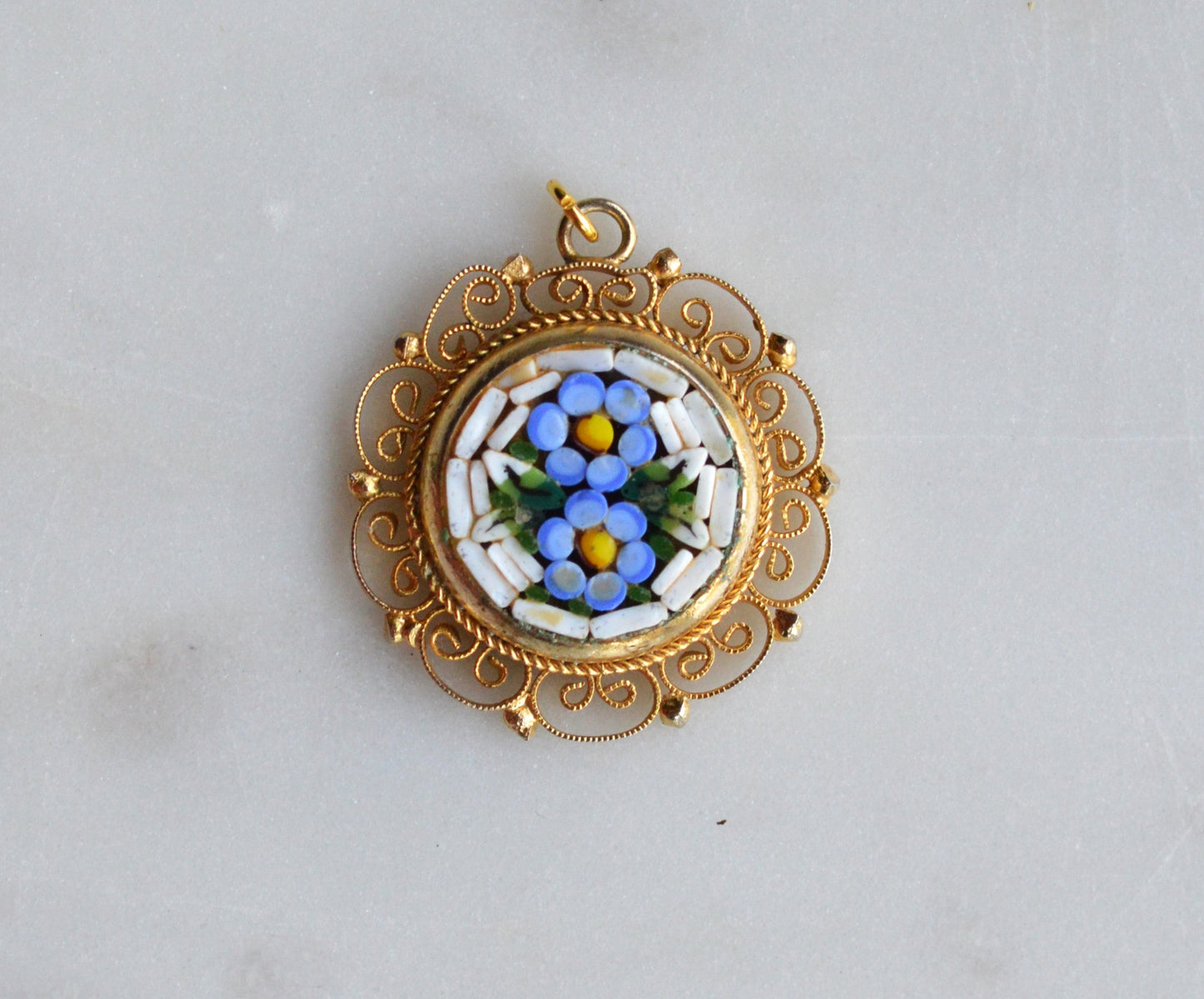 Vintage Signed Italy Micro Mosaic Pendant – Blue Forget-Me-Not Floral, Gold-Tone Filigree, Mid-Century Handcrafted Jewelry
