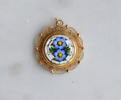 Vintage Signed Italy Micro Mosaic Pendant – Blue Forget-Me-Not Floral, Gold-Tone Filigree, Mid-Century Handcrafted Jewelry
