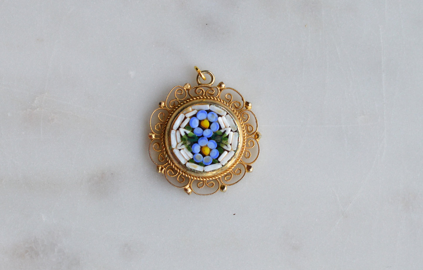 Vintage Signed Italy Micro Mosaic Pendant – Blue Forget-Me-Not Floral, Gold-Tone Filigree, Mid-Century Handcrafted Jewelry
