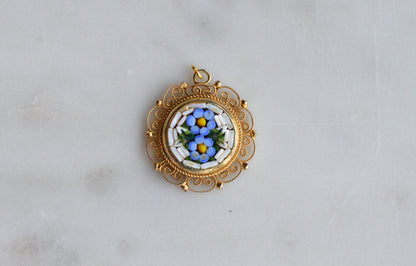 Vintage Signed Italy Micro Mosaic Pendant – Blue Forget-Me-Not Floral, Gold-Tone Filigree, Mid-Century Handcrafted Jewelry