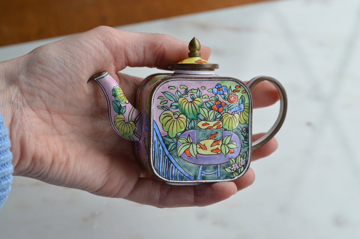 Vintage Trade + Aid Miniature Enamel Teapot - Matisse Goldfish Design No. 18 - Hand Painted Collectible Copper & Brass Teapot