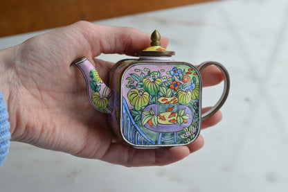 Vintage Trade + Aid Miniature Enamel Teapot - Matisse Goldfish Design No. 18 - Hand Painted Collectible Copper & Brass Teapot