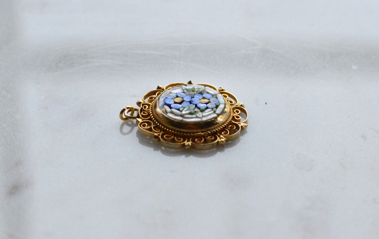 Vintage Signed Italy Micro Mosaic Pendant – Blue Forget-Me-Not Floral, Gold-Tone Filigree, Mid-Century Handcrafted Jewelry