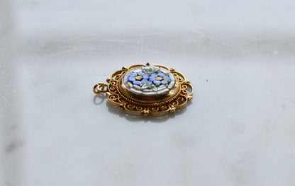 Vintage Signed Italy Micro Mosaic Pendant – Blue Forget-Me-Not Floral, Gold-Tone Filigree, Mid-Century Handcrafted Jewelry