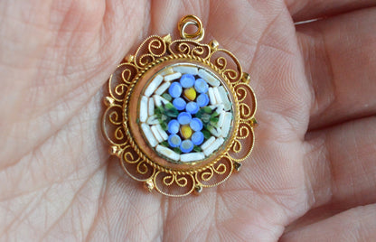Vintage Signed Italy Micro Mosaic Pendant – Blue Forget-Me-Not Floral, Gold-Tone Filigree, Mid-Century Handcrafted Jewelry