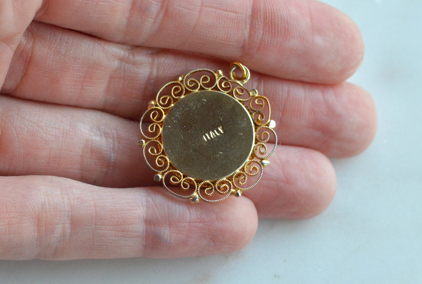 Vintage Signed Italy Micro Mosaic Pendant – Blue Forget-Me-Not Floral, Gold-Tone Filigree, Mid-Century Handcrafted Jewelry