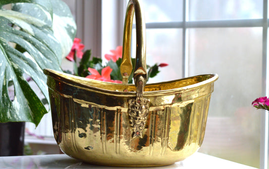 Vintage Hammered Brass Centerpiece Bowl with Lion Head Handles - Solid Brass Oval Planter - Hollywood Regency Home Decor - Made in India 11"