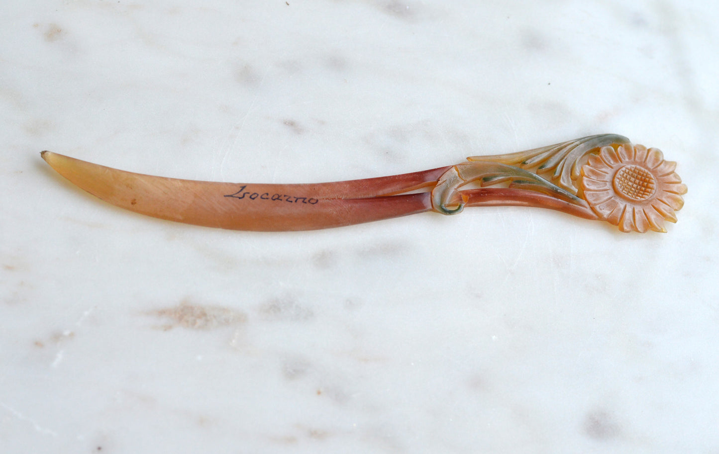 Antique Celluloid Floral Letter Opener – Souvenir of Locarno, Switzerland – Early 1900s Carved "French Ivory" Has Been Repaired