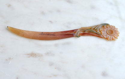 Antique Celluloid Floral Letter Opener – Souvenir of Locarno, Switzerland – Early 1900s Carved "French Ivory" Has Been Repaired