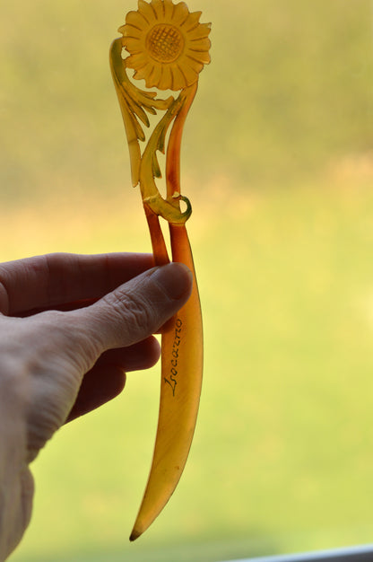 Antique Celluloid Floral Letter Opener – Souvenir of Locarno, Switzerland – Early 1900s Carved "French Ivory" Has Been Repaired