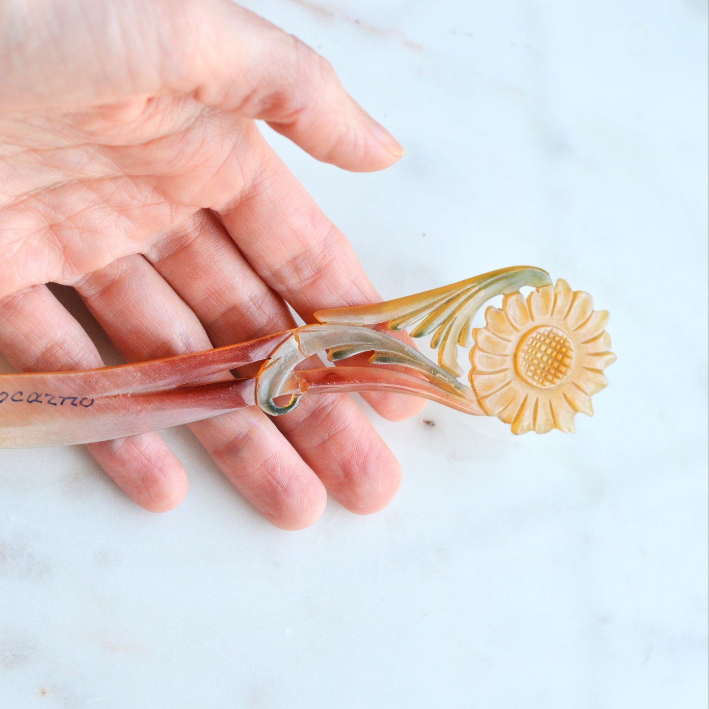 Antique Celluloid Floral Letter Opener – Souvenir of Locarno, Switzerland – Early 1900s Carved "French Ivory" Has Been Repaired