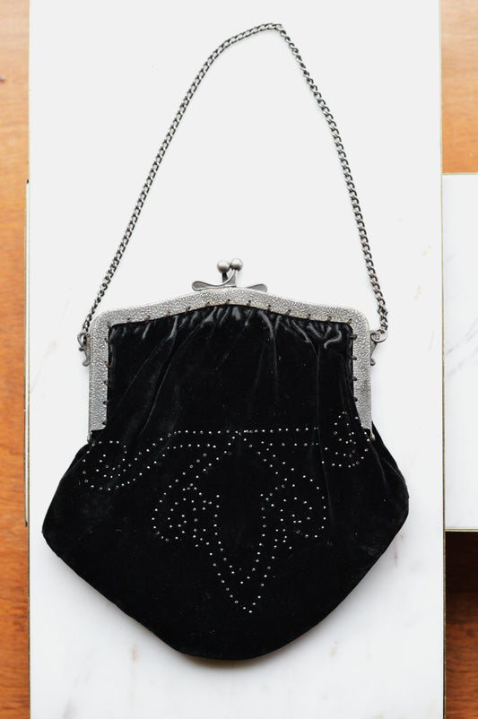 Vintage Black Velvet Beaded Evening Bag, Ornate Silver Tone Metal Frame Kiss Lock Purse, Victorian Style Art Nouveau Chain Strap Clutch