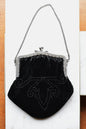 Vintage Black Velvet Beaded Evening Bag, Ornate Silver Tone Metal Frame Kiss Lock Purse, Victorian Style Art Nouveau Chain Strap Clutch