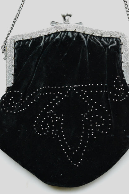 Vintage Black Velvet Beaded Evening Bag, Ornate Silver Tone Metal Frame Kiss Lock Purse, Victorian Style Art Nouveau Chain Strap Clutch
