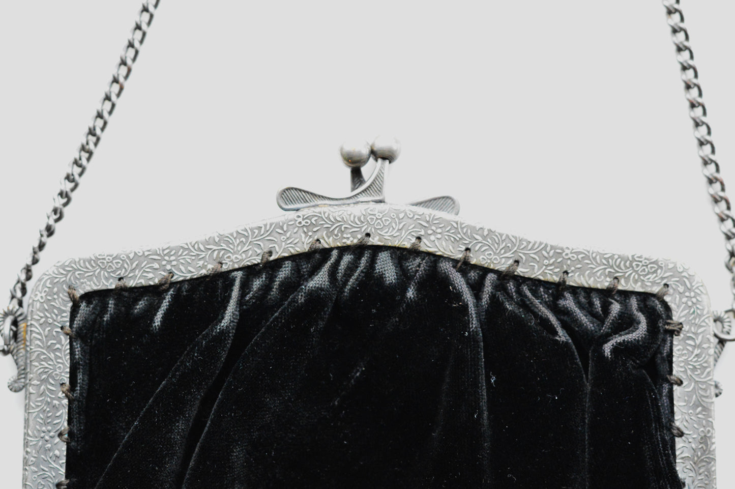 Vintage Black Velvet Beaded Evening Bag, Ornate Silver Tone Metal Frame Kiss Lock Purse, Victorian Style Art Nouveau Chain Strap Clutch