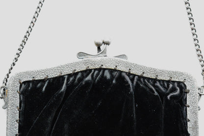 Vintage Black Velvet Beaded Evening Bag, Ornate Silver Tone Metal Frame Kiss Lock Purse, Victorian Style Art Nouveau Chain Strap Clutch