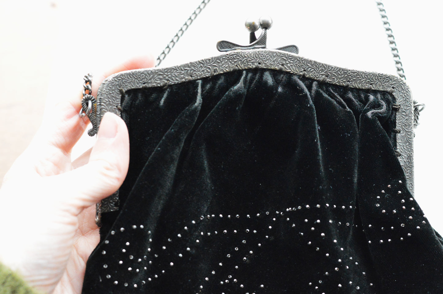 Vintage Black Velvet Beaded Evening Bag, Ornate Silver Tone Metal Frame Kiss Lock Purse, Victorian Style Art Nouveau Chain Strap Clutch