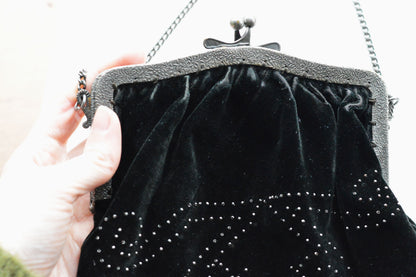 Vintage Black Velvet Beaded Evening Bag, Ornate Silver Tone Metal Frame Kiss Lock Purse, Victorian Style Art Nouveau Chain Strap Clutch