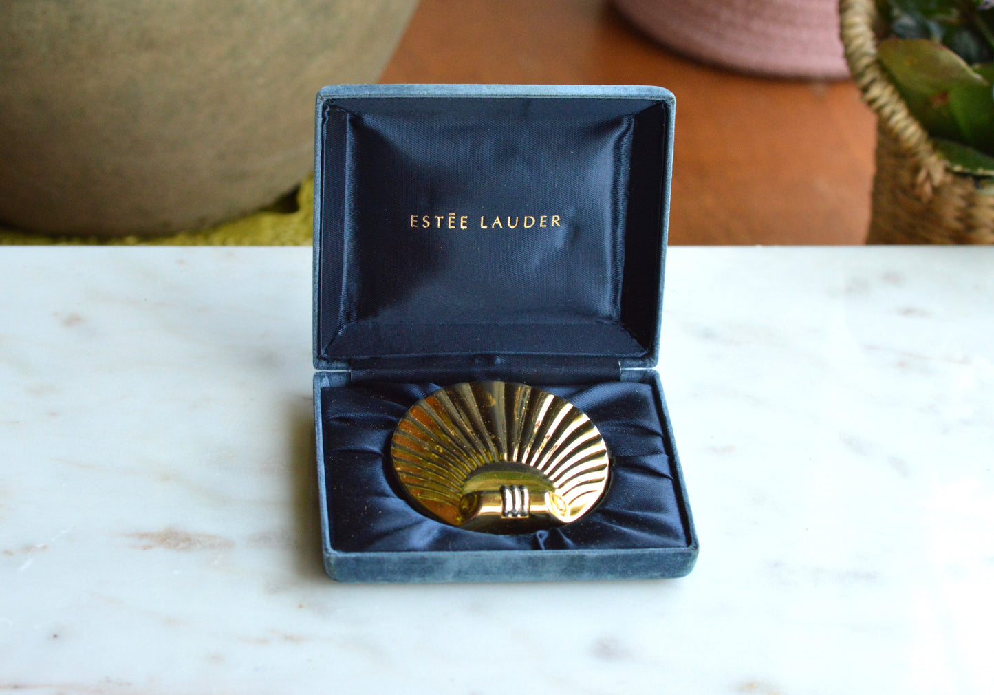 Vintage Estée Lauder Golden Shell Compact—Moisture-Balanced Translucent Face Powder (Ecru-01), 1980s/90s Collectible Vanity Piece