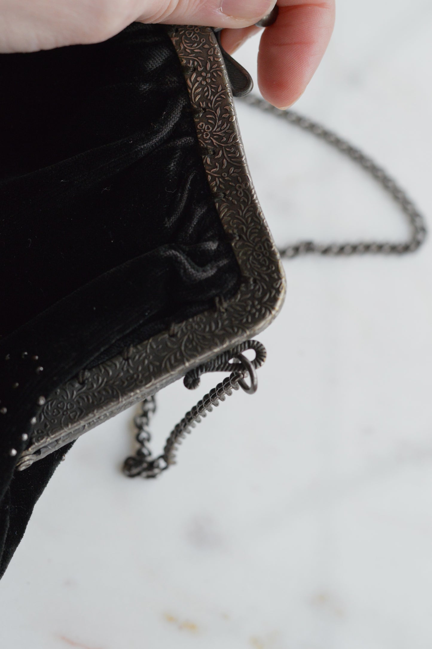 Vintage Black Velvet Beaded Evening Bag, Ornate Silver Tone Metal Frame Kiss Lock Purse, Victorian Style Art Nouveau Chain Strap Clutch
