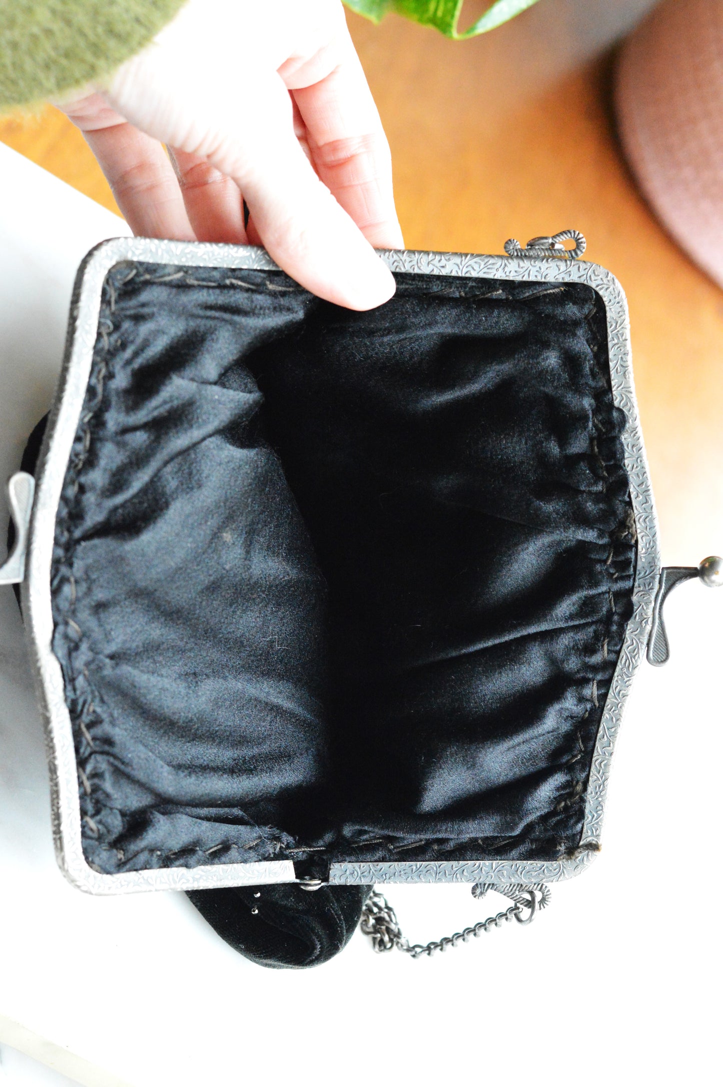 Vintage Black Velvet Beaded Evening Bag, Ornate Silver Tone Metal Frame Kiss Lock Purse, Victorian Style Art Nouveau Chain Strap Clutch