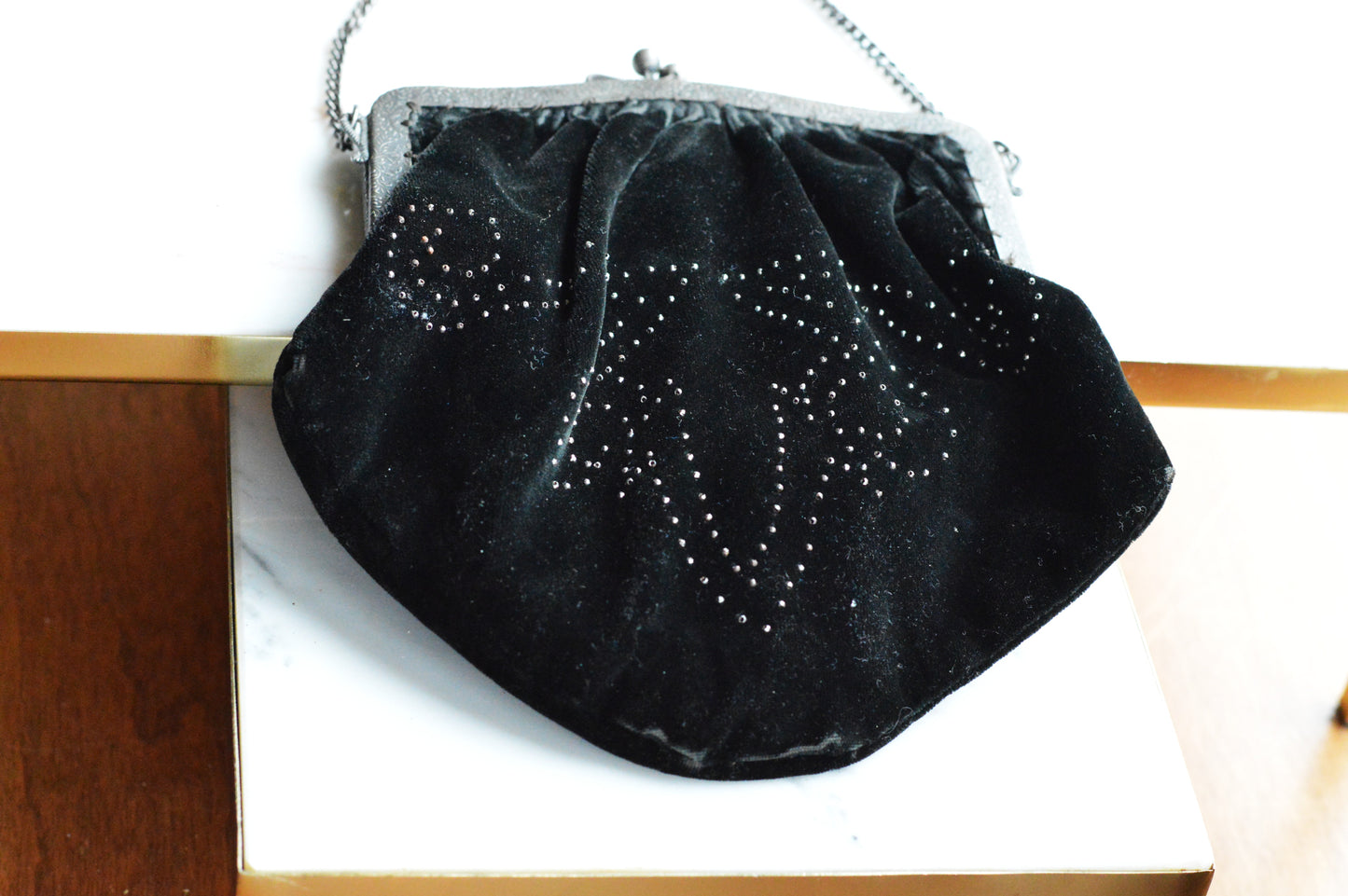 Vintage Black Velvet Beaded Evening Bag, Ornate Silver Tone Metal Frame Kiss Lock Purse, Victorian Style Art Nouveau Chain Strap Clutch
