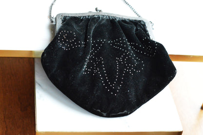 Vintage Black Velvet Beaded Evening Bag, Ornate Silver Tone Metal Frame Kiss Lock Purse, Victorian Style Art Nouveau Chain Strap Clutch
