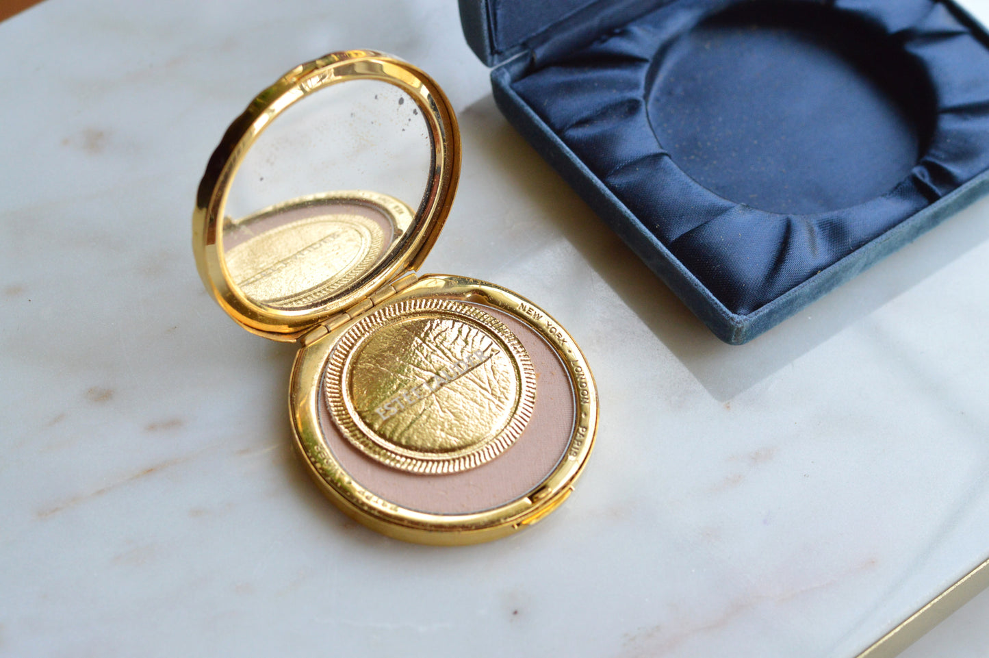 Vintage Estée Lauder Golden Shell Compact—Moisture-Balanced Translucent Face Powder (Ecru-01), 1980s/90s Collectible Vanity Piece
