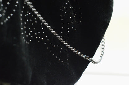 Vintage Black Velvet Beaded Evening Bag, Ornate Silver Tone Metal Frame Kiss Lock Purse, Victorian Style Art Nouveau Chain Strap Clutch