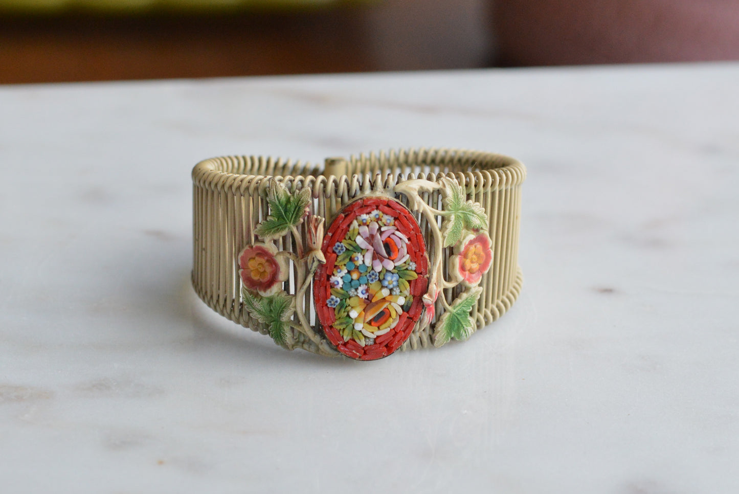 Vintage Italian Micro Mosaic Floral Brass Wire Wrap Cuff Bracelet - 1940s Mid-Century Grand Tour Jewelry