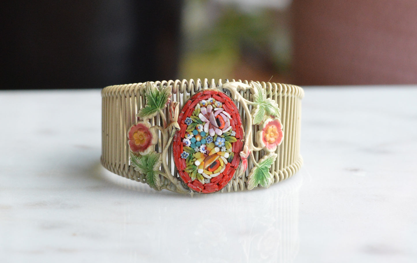 Vintage Italian Micro Mosaic Floral Brass Wire Wrap Cuff Bracelet - 1940s Mid-Century Grand Tour Jewelry