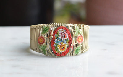 Vintage Italian Micro Mosaic Floral Brass Wire Wrap Cuff Bracelet - 1940s Mid-Century Grand Tour Jewelry