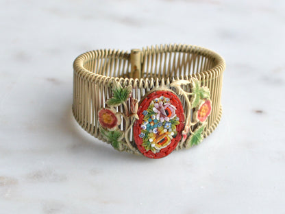 Vintage Italian Micro Mosaic Floral Brass Wire Wrap Cuff Bracelet - 1940s Mid-Century Grand Tour Jewelry
