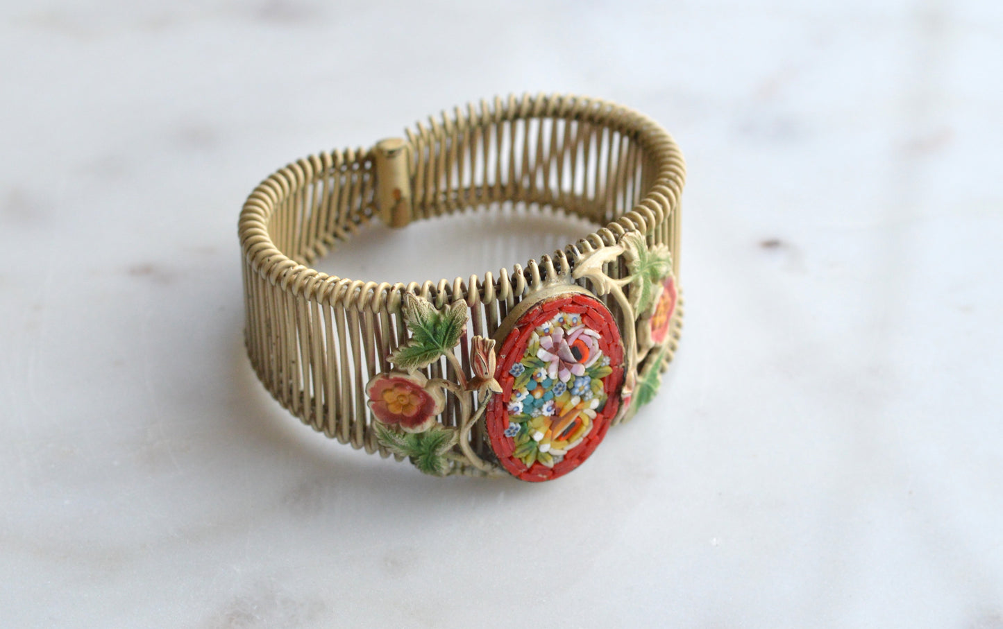 Vintage Italian Micro Mosaic Floral Brass Wire Wrap Cuff Bracelet - 1940s Mid-Century Grand Tour Jewelry