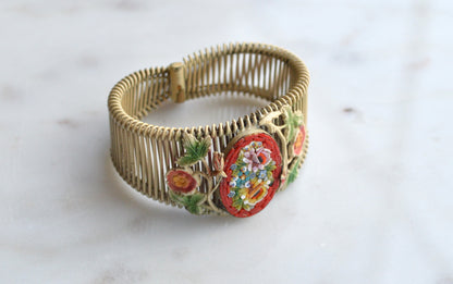 Vintage Italian Micro Mosaic Floral Brass Wire Wrap Cuff Bracelet - 1940s Mid-Century Grand Tour Jewelry