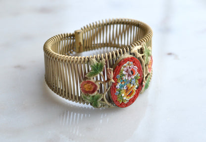 Vintage Italian Micro Mosaic Floral Brass Wire Wrap Cuff Bracelet - 1940s Mid-Century Grand Tour Jewelry